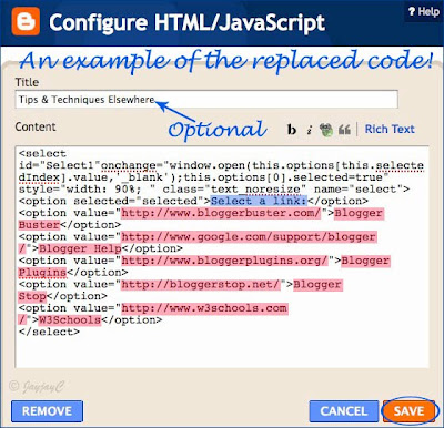 Screen shot to illustrate how to configure the HTML Script for the Dropdown menu list