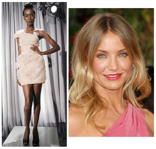 Marchesa also featured this fun one shoulder shorty that Cameron Diaz would