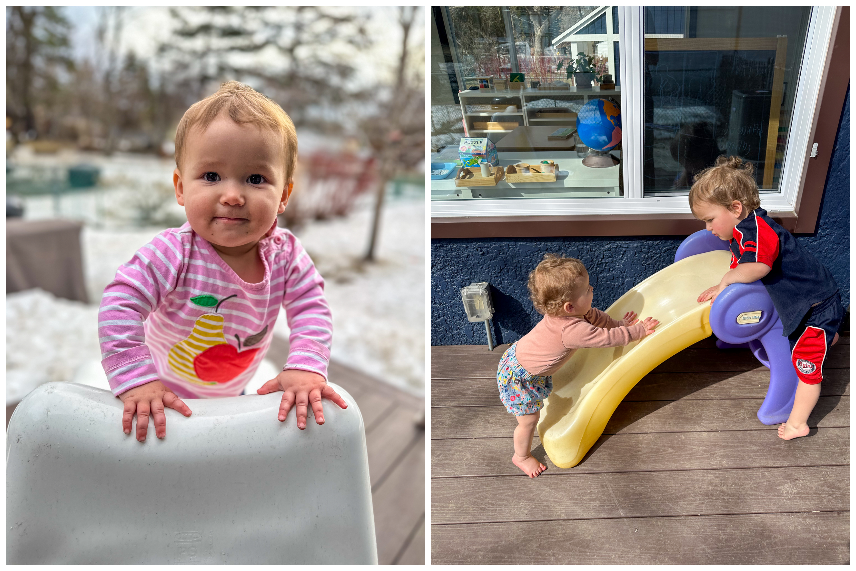 A split screen of a young Montessori toddler climbing onto a chair and climbing up a small slide. These activities help 13 and 14 month olds to develop their gross motor skills.