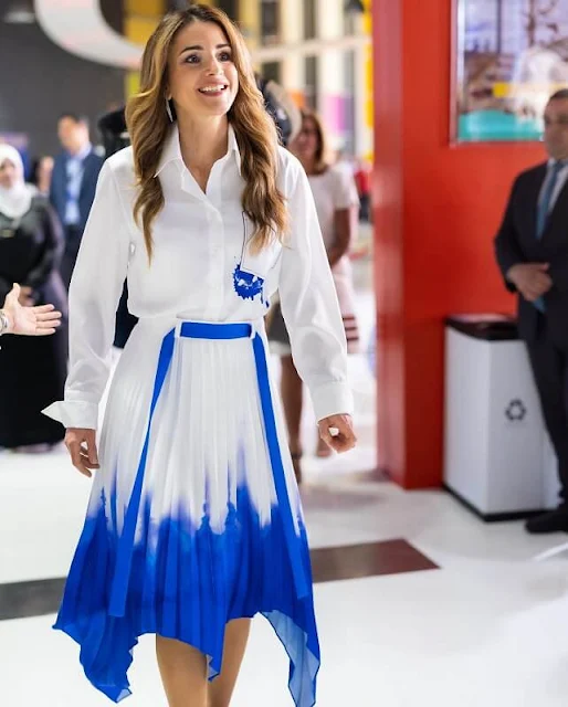 Queen Rania wore AZ Factory with Thebe Magugu Ink Stain Poplin Blouse and Skirt. Technology and Communications Exhibition