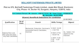 Diploma Jobs Openings in Böllhoff Fastenings Pvt Ltd Gurugram, Haryana | Diploma Pool Campus Placement 2023