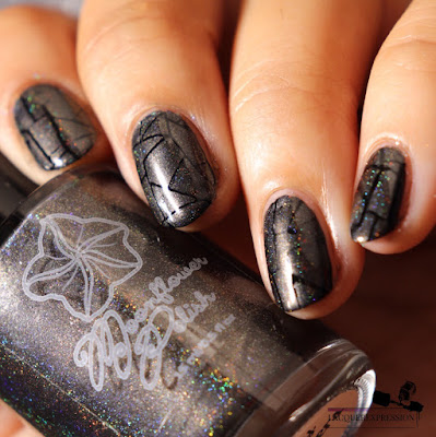 Nail stamping polish swatch of holographic charcoal gray nail polish Cozy Sweater by Moonflower Polish