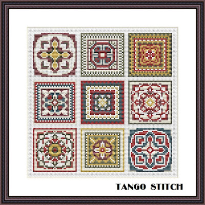 Granny squares ornaments sampler cross stitch pattern - Tango Stitch