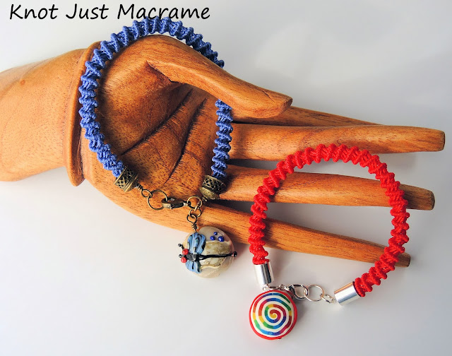 Knotted macrame bracelets with art bead focals 