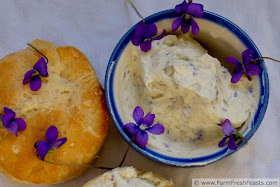 photograph of compound butter made with wild violets and violet sugar