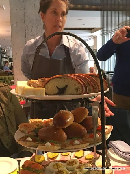 tiered tea tray for Russian afternoon tea service in Tea Court Lounge of the Headwaters restaurant at The Heathman Hotel in Portland, Oregon