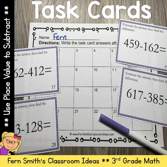 Teaching How to Use Place Value to Subtract Including Lesson Plans, Centers, Task Cards, Color By Numbers & More Resources. #FernSmithsClassroomIdeas