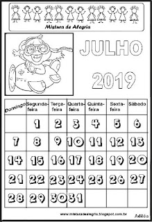 Calendário julho 2019 para colorir