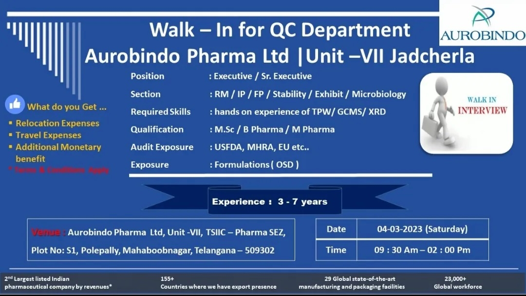 Aurobindo Pharma Ltd Walk-In Interview for MSc / B Pharma / M Pharma