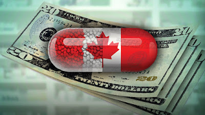 Pill with Canadian flag imprint with US $20 dollar bills in background