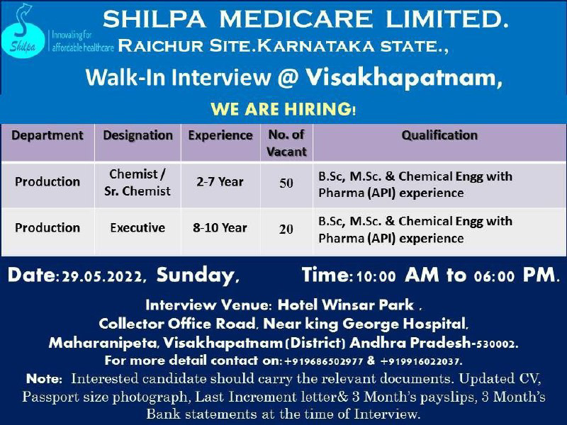 Job Availables,Shilpa Medicare Limited Walk-In-Interview For Chemical Engineering/ BSc/ MSc