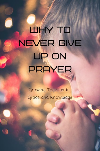 small child with hands clasped and eyes closed in prayer with blurred lights of Christmas tree in the background