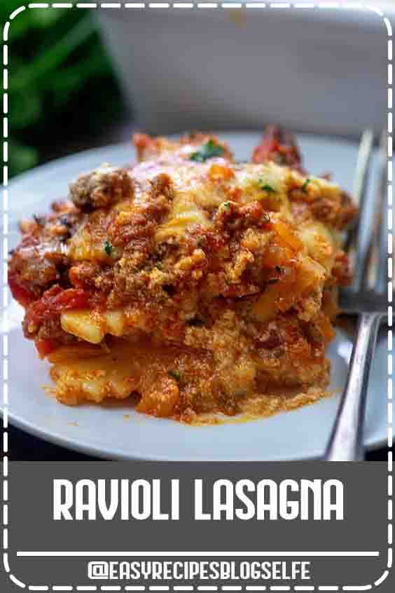 This easy lasagna is made with layers of frozen cheese ravioli in place of traditional lasagna noodles. You’re going to love how ooey gooey cheesy this ravioli lasagna bake is!  Lasagna made extra cheesy and extra easy with ravioli! #EasyRecipesBlogSelfe #lasagna #casserole #recipe #easy #EasyRecipesforTwo #casseroles