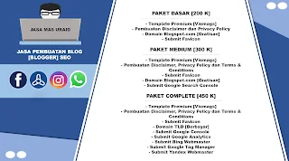 Untuk kalian yang ingin membuat blog dan sudah belajar dari tutorial blogging yang sudah admin tuliskan panduannya di halaman Daftar isi namun tetap merasa kesulitan atau menemui kendala yang lain, admin menerima layanan jasa pembuatan blog SEO (Blogger; bukan wordpress atau yang lain) dengan harga murah, terjangkau dan siap pakai. Konsultasi lebih lanjut langsung bisa hubungi nomer yang sudah tertera [Hanya menerima WA, tidak menerima telpon].