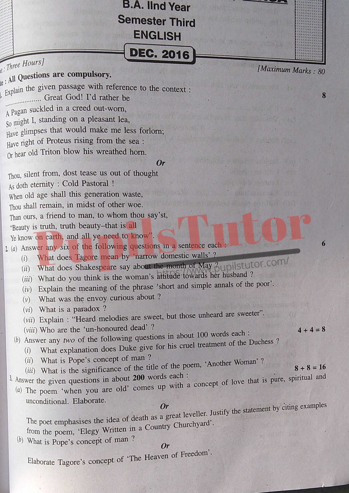 CDLU (Chaudhary Devi Lal University, Sirsa Haryana) BA Semester Exam Third Semester Previous Year English Question Paper For 2016 Exam (Question Paper Page 1) - pupilstutor.com