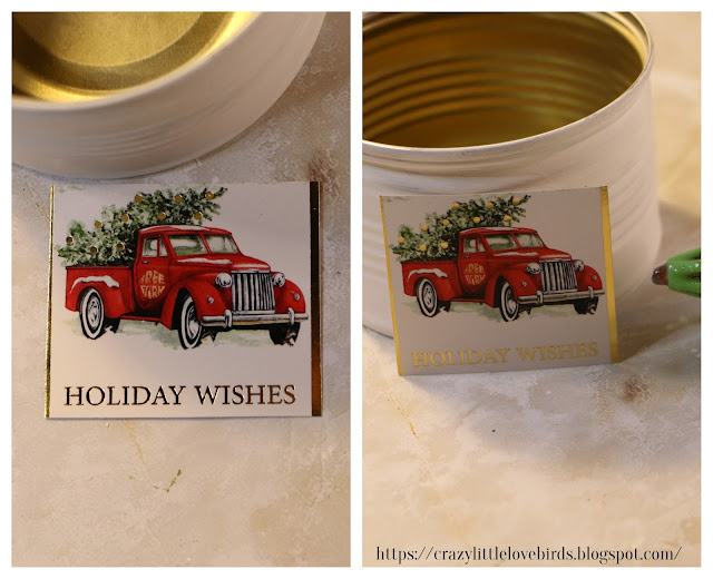 Decorative gift tag, and painted metal can.