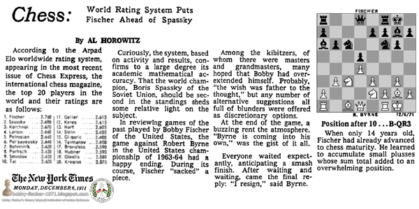 Chess: World Rating System Puts Fischer Ahead of Spassky