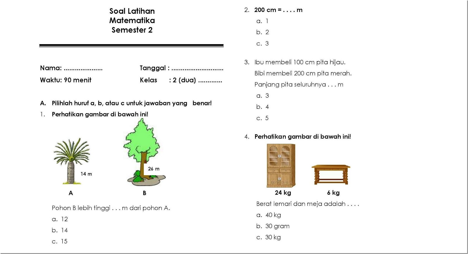 Soal Ulangan Harian Matematika Kelas 2 Semester 2 SD dan MI