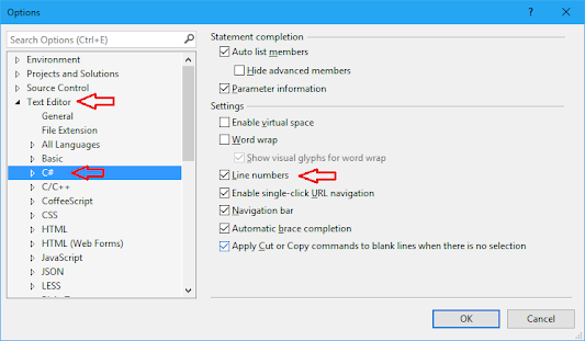 Visual Studio display or enable line numbers for specific language