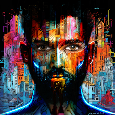 Man computing artwork illustration figures digital colours eyes abstract