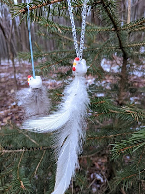 Chicken bead ornaments with feathers, craft