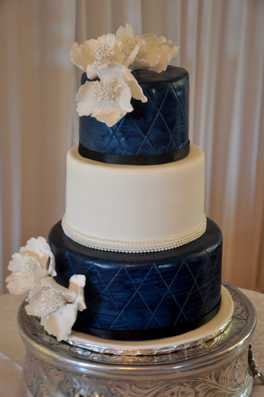 Rozanne s Cakes  Navy  blue  and white wedding  cake 