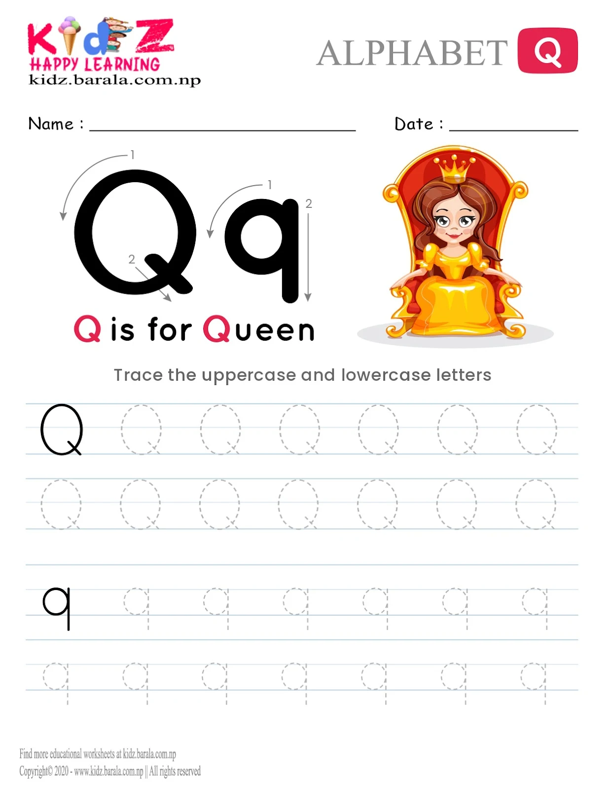 Alphabet Q tracing worksheet free download .pdf