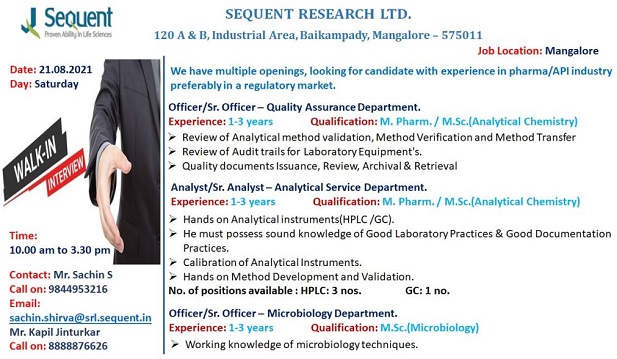 Sequent Research Limited-Walk-In Interview On 21st August 2021 | vacancy in pharma sector