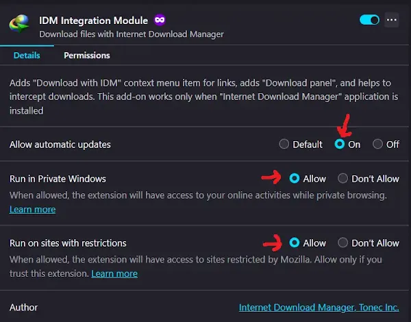 allow idm extension in incognito mode in firefox