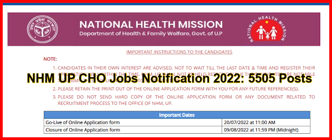 NHM UP CHO Jobs Notification 2022: 5505 Posts, Last Date 9 August 2022 Apply Now