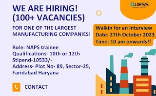 10th and 12th Pass Jobs Vacancies for Manufacturing Companies | Walk-In Interview Campus Placement at Faridabad, Haryana