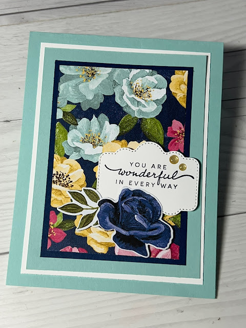 FLoral greeting card using die cuts and prints from the Hues of Happiness Designer Series Paper from Stampin' Up!