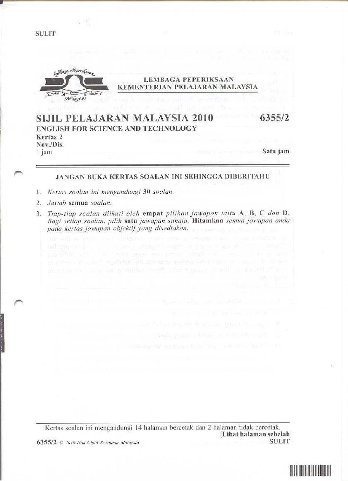 SPM PASS YEAR QUESTION 2010 SOALAN LEPASAN 2010(ENGLISH 