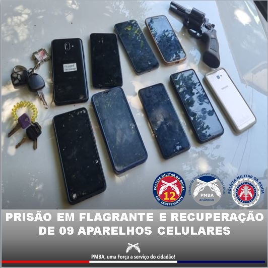 Casal preso em flagrante com arma de fogo e nove aparelhos celulares