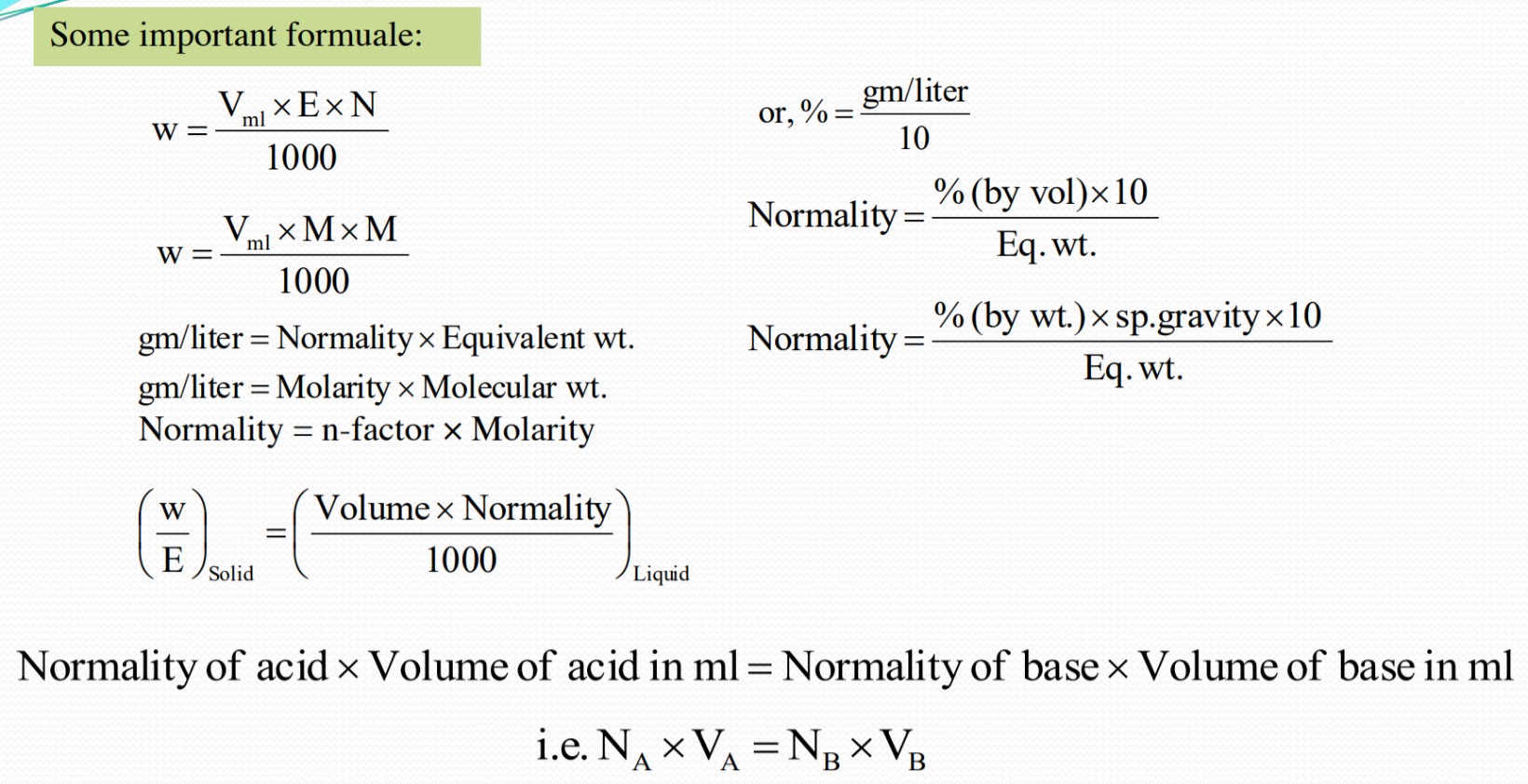 Volumetric Analysis Important Formula