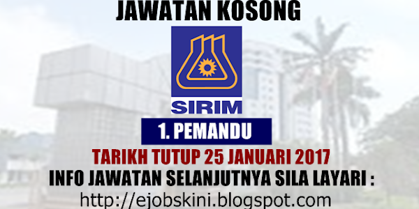 Jawatan Kosong Terkini di SIRIM Berhad - 25 Januari 2017