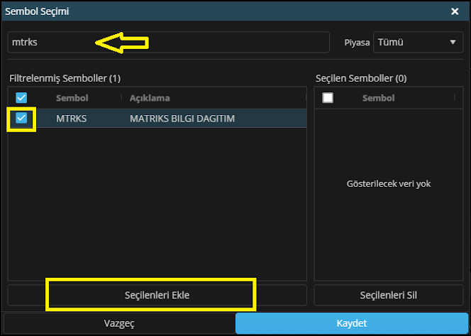 Matriks Web Trader Sembol Seçimi