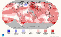 Land and ocean average temperatures from January-December 2018 (Credit: NOAA) Click to Enlarge.