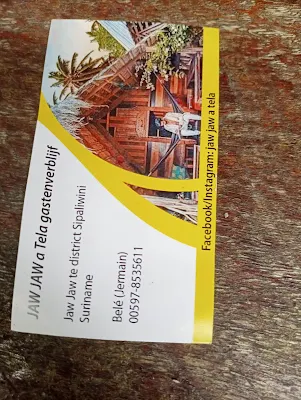 " Jaw Jaw A Tela resort in Suriname business card and contact details"