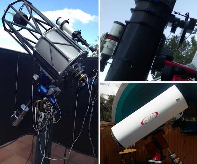 The Three imaging systems used to collect data of NGC 6914, a reflection nebula in Cygnus. Carmelo Falco's 16" f/7.8 Ritchey-Chretien (left), Paul Swift's VSD Vixen 380mm & AG14 1330mm Newtonian astrograph (above right) and Insight Observatory's 16" f/3.7 Dream astrograph reflector, ATEO-1, (lower right).