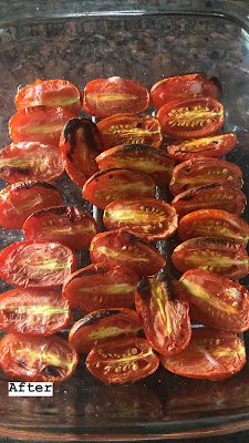 glass pan of roasted tomatoes