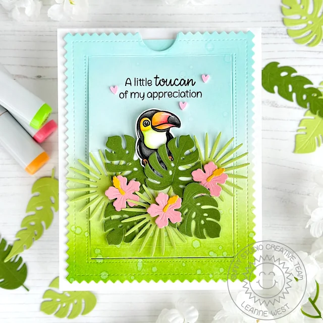 Sunny Studio Stamps: Sliding Window Die Focused Card by Leanne West (featuring Summer Greenery Dies, Thank You Word Dies, Frilly Frame Dies, Tropical Birds)