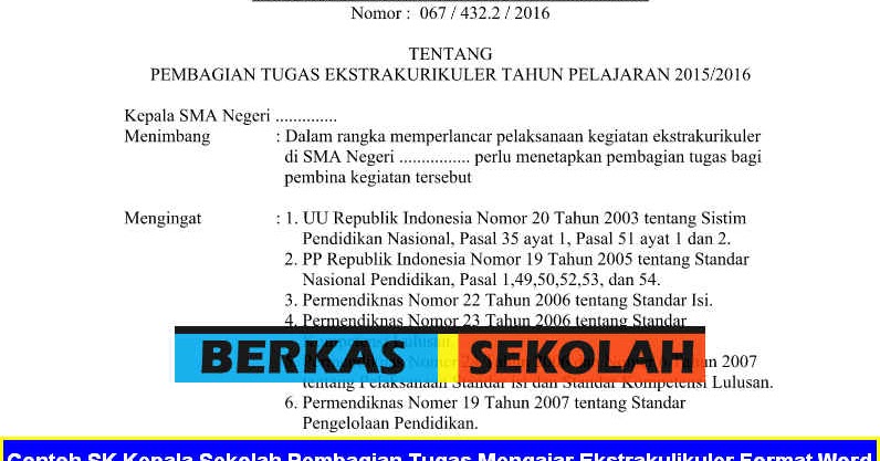 Contoh SK Kepala Sekolah Pembagian Tugas Mengajar 