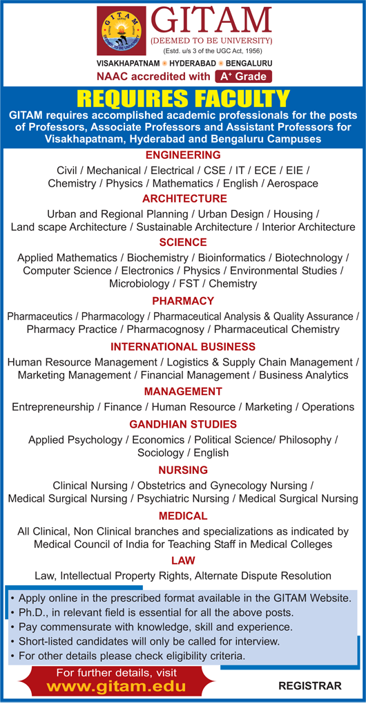 GITAM Faculty Jobs 2018 in Biochemistry/Bioinformatics/Biotech/Microbiology