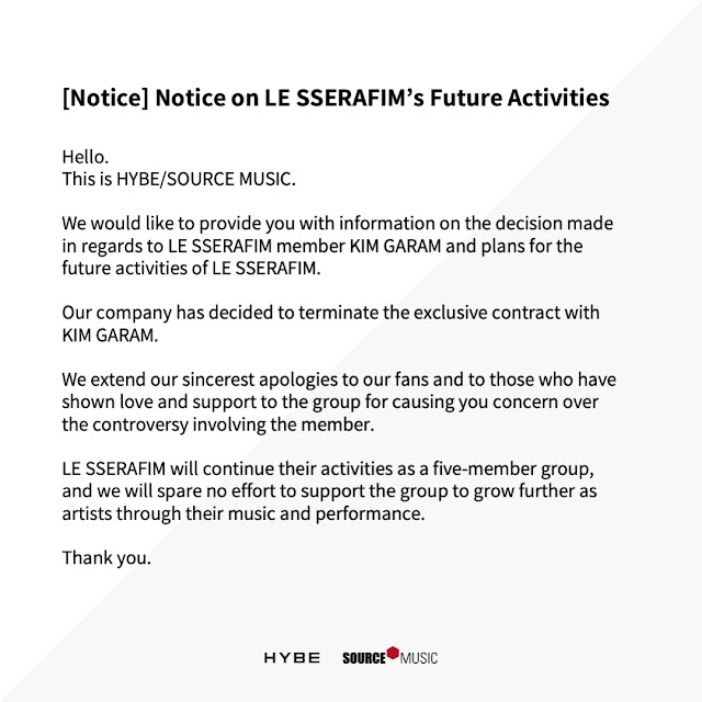  HYBE and SOURCE MUSIC announced that they have decided to terminate the exclusive contract with Kim Garam, Knetz comments. 