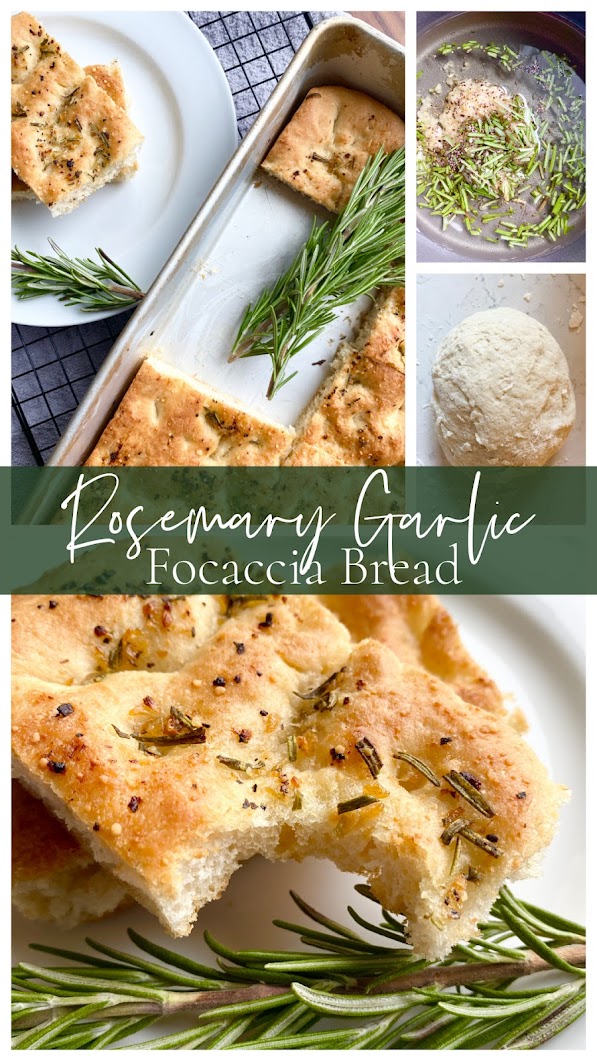 Collage of focaccia bread photos, olive oil, bread dough, cut squares of focaccia bread on white plate.