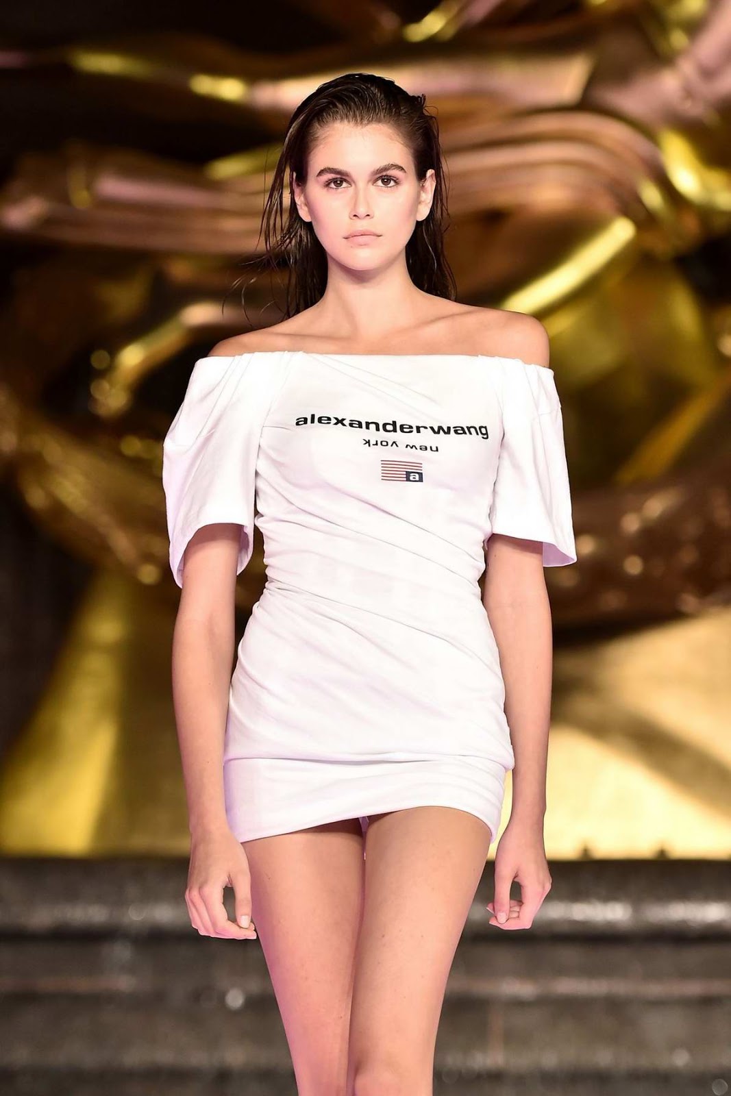 Kaia Gerber walks the runway during the Alexander Wang Collection 1 Fashion Show at Rockefeller Center in New York City