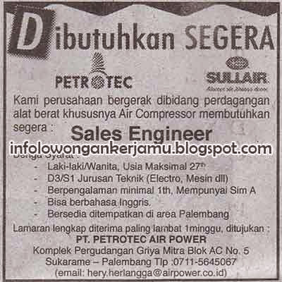 Lowongan Kerja Sales Engineer PT Petrotec Air Power