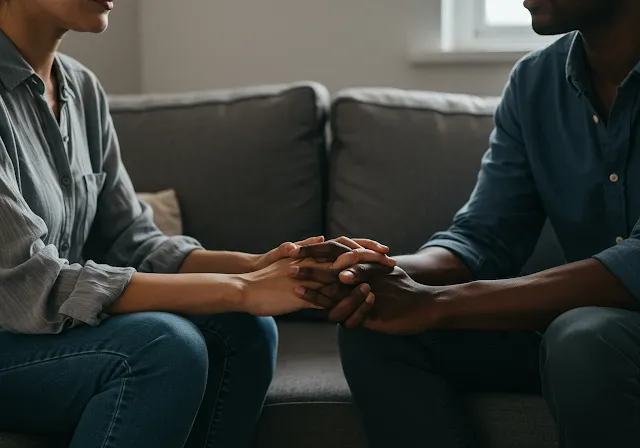 A supportive couple holds hands while discussing their fertility treatment journey in a calm, hopeful setting.