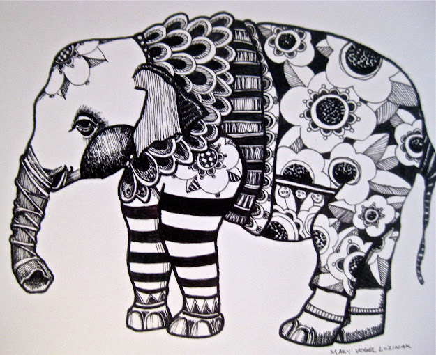 Elephant Drawing Illustration Art Print Adult Coloring Pages